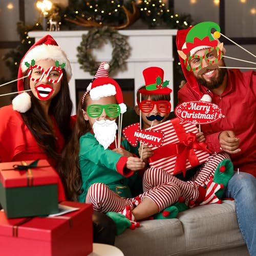 32 Pcs Christmas Photo Booth Props Kit - Merry Christmas Photo Props for Photography, DIY Fun Xmas Photobooth Photoshoot P...