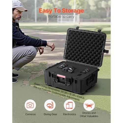 VEVOR Weatherproof Hard Case, Heavy Duty Protective Dry Box with Pre-Cut Foam, Wheels & Retractable Pull Handles for Travel, Hunt, Military, Tactical, IP67 Waterproof Case for Cameras(57x45x28)