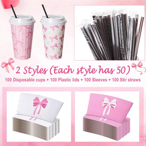 Jingmore 100 Set Pink Bow Coffee Cups with Lids, Straws and Sleeves Pink Bowknot Disposable Drinking Cup for Wedding Coque...