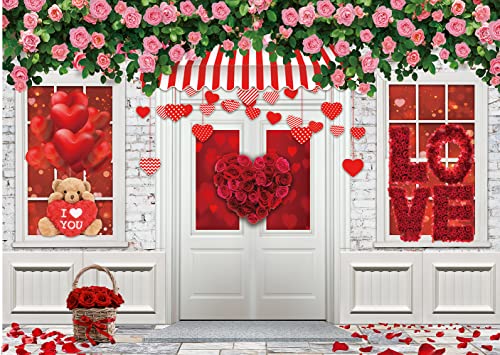 CYLYH 7X5FT Valentine's Day Backdrop Valentine's Day Store Backdrop Pink Rose Flower Brick Wall Background Mother's Day Pa...