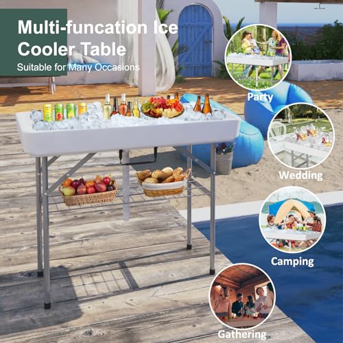 IWDOO 4 Foot Ice Cooler Table, Outdoor Cooler Table with Removable Matching Skirt and Shelf, Folding Ice Tables for Party,...