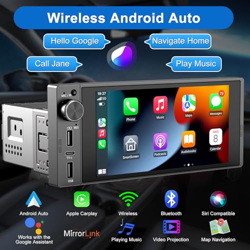 Single Din Touchscreen Radio Wireless Apple Car Play Wireless Android Auto, 6In Single Din Car Stereo with Mirror Link Blu...