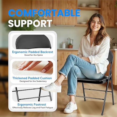 Simple Deluxe 4 Pack Folding Chairs with Leather Padded Cushion Seats & Durable Metal Frame, Comfortable, Foldable, Portab...
