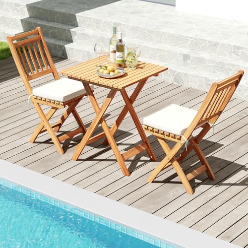 Tangkula Acacia Wood Patio Bistro Set of 3, Outdoor Folding Chair Table Set with Soft Seat Cushions, High Back Armless Cha...