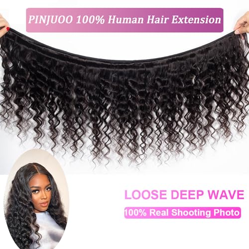 Loose Deep Wave Bundles with Closure 14 16 18 +12 Inch 100% Unprocessed Brazilian Virgin Hair Bundles with Closure Wet and Wavy Curly Weave 3 Bundles and Closure Natural Color for Women