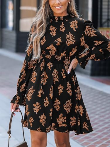 CUPSHE Women's Mock Neck Floral Mini Fall Dress Long Ruffle Sleeve Elastic Waist Smocked Casual Flowying Mini Dresses