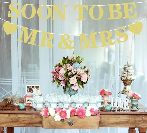 Pre-strung Soon to Be Mr & Mrs Banner - Gold Glitter Bridal Shower Decorations for Wedding, Engagement or Bachelorette Par...