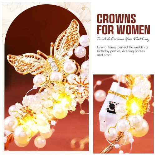 GORTIN Butterfly Crown and Tiara Gold Light up Flower Bride Wedding Headpiece Pearl Headband Bridal Hair Accessories for W...