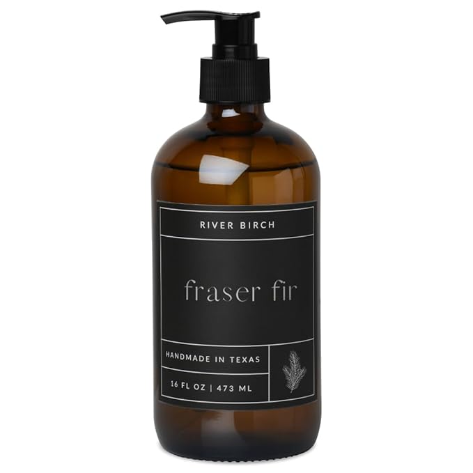 River Birch Fraser Fir Scented Natural Hand Soap - Handmade Soap - Moisturizing Hand Wash with Amber Glass Dispenser - Luxury Scented Hydrating Hand Soap - Vegan and Non-Toxic -16 Fl Oz