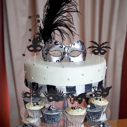 Arthsdite 24Pcs Masquerade Masks Cupcake Toppers Bachelorette Party Mask Cupcake Food Fruit Picks Masquerade Mardi Gras Pa...