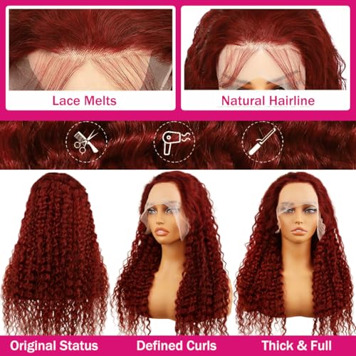 Red 99j Burgundy Wig Human Hair Red Burgundy Wig 200 Density 13x6 Deep Wave Lace Front Wigs Curly Human Hair Wig For Black Women Pre Plucked Transparent HD Lace Frontal Wig 18 Inch
