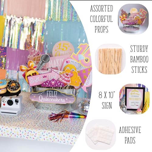 Quinceanera Photo Booth Props - 41-pc Photobooth Kit with 8 x 10-Inch Sign, 60 Adhesive Pads, 45 Sticks - Sweet 15 Photo B...