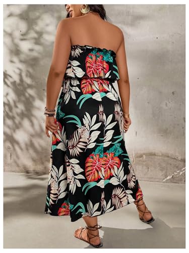Verdusa Women's Plus Size Tropical Strapless Tube Dress Ruffle Layered Maxi Dresses