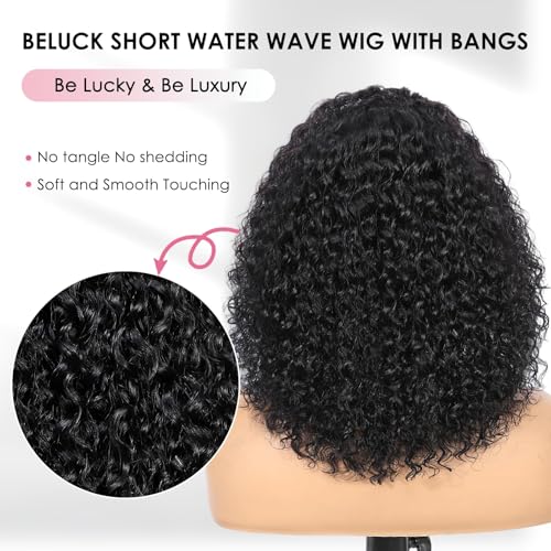 15A Raw Human Hair Wig with Bangs 4x2 Lace Short Water Wave Curly Glueless Wigs Layered Bob Wig Human Hair 180% Density Ready to Wear Wigs Glueless Human Hair for Women (14 Inch 1B Black)