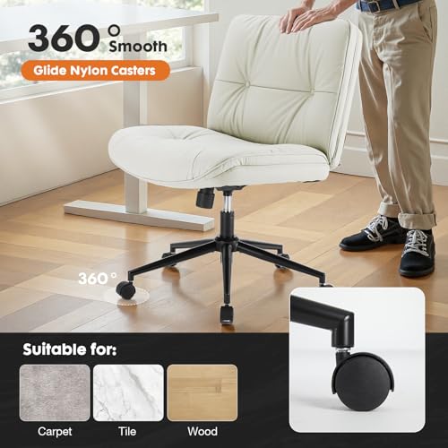 Sweetcrispy Criss Cross Chair with Wheels, Wide Seat PU Leather Armless Office Desk Vanity Chair, Comfortable Adjustable S...