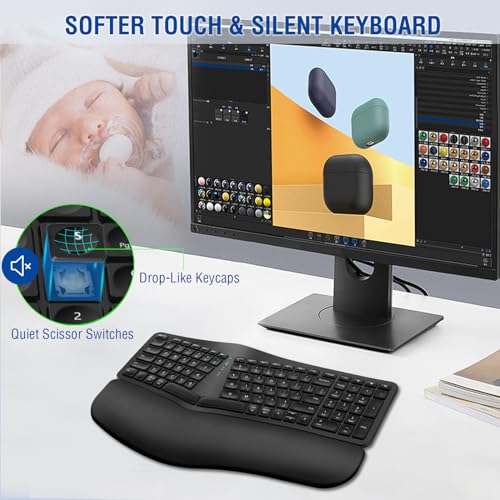 EDJO Ergonomic Wireless Keyboard Rechargeable, Bluetooth/2.4G Wireless Keyboard with Cushioned Wrist Rest, Multi-Device, S...