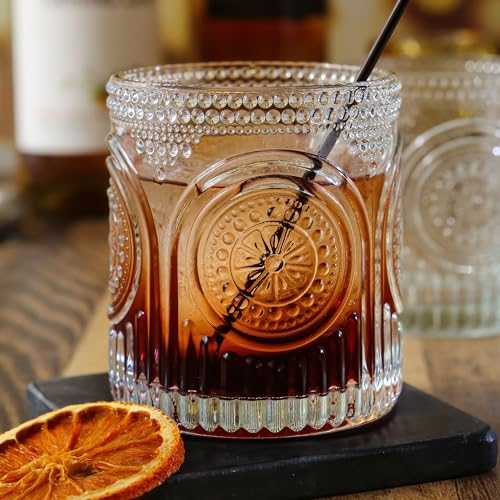Ribbed Retro Arch Floral Clear Drinking Glasses Set of 6, (10 oz) Vintage Glassware Set by Kate Aspen| Cocktail Glass Set,...