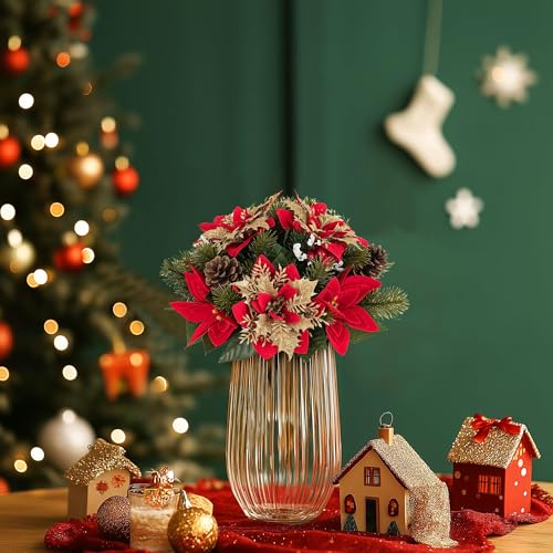 BLOSMON Christmas Centerpieces for Dining Table: 2 Pcs Red Gold Glitter Fake Poinsettia Christmas Flowers Ball Decoration...