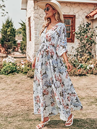 ANRABESS Womens 1/2 Sleeve Beach Wedding Guest Maxi Dresses 2025 Fall Wrap V Neck Boho Floral Flowy Slit Long Summer Dresses