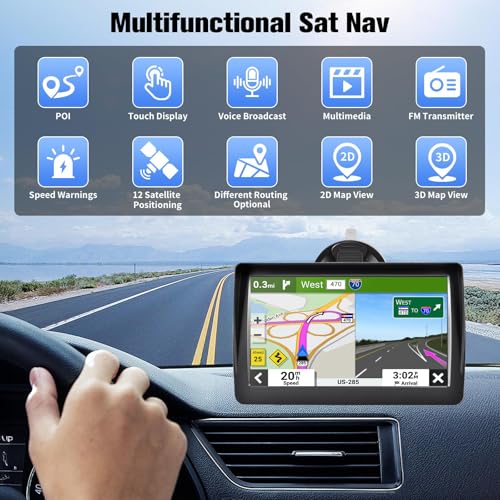 GPS Navigator for Car Truck RV - 7'' HD Touchscreen Navigation System, Latest 2025 Maps Free Lifetime Updates, Speed & Red...
