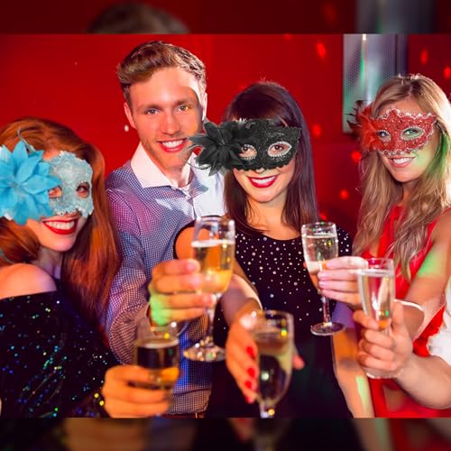 Sratte Mardi Gras Couple Masquerade Mask with Feather Flower Unisex Half Face Mask for Mardi Gras Valentine Venetian Party