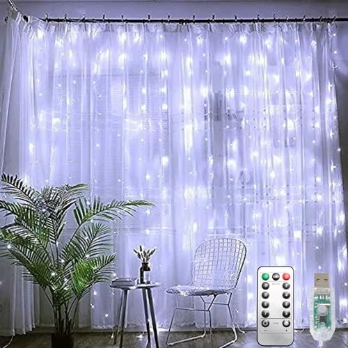 PUHONG Curtain String Lights, 300 LED Fairy Lights with 8 Light Modes, 9.8x9.8Ft Remote Controlled Plug-in Fairy String Li...