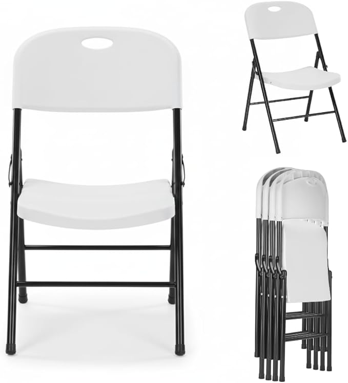 EZONE (4pcs Heavy Duty Plastic Foldable Chair for Adults, Portable Outdoor Seating for Wedding, Event, Party, Backyard, Patio, or Dining Use, Comfortable Stackable Design (White, 4 Pack)
