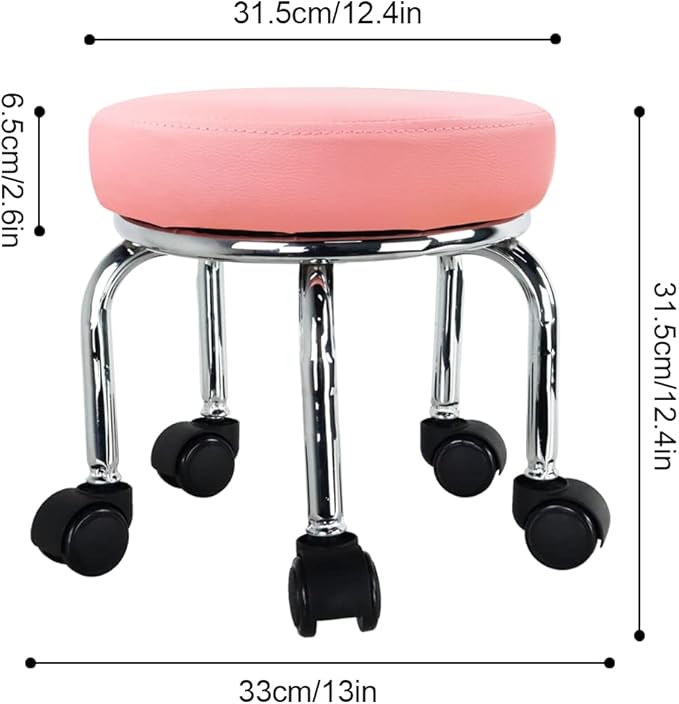 WKWKER Modern Roller Seat PU Leather Low Round Rolling Stool 360° Swivel Small Office Ottoman with Universal Wheels Foot Stool for Home Office Garage Shop Fitness Sport H：12.4" （Pink）