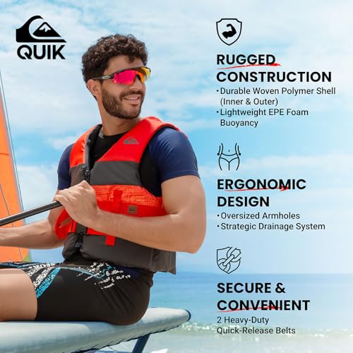 QUIKSILVER Men's Life Jacket, USCG Approved Type III PFD, Lightweight EPE Foam Life Vest, with Quick-Release Buckles and D...
