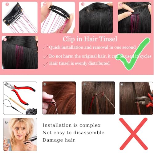 Hair Tinsel Pack of 12 Pcs Colorful Glitter Hair Accessories 20 Inch Clip in Hair Tinsel Extensions Fairy Hair Accessories...