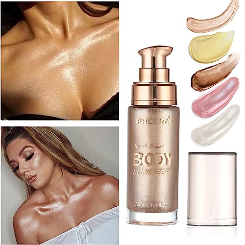 Body Shimmer Oil, Rose Gold Natural Glow Luminizer, Long Lasting Waterproof Moisturizing Liquid Illuminator Highlighter Ma...