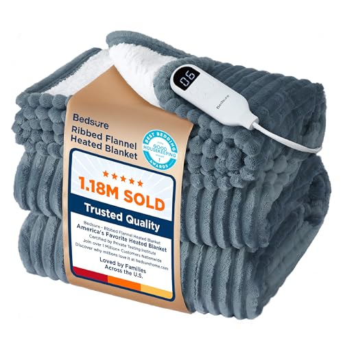 Bedsure GentleSoft Heated Blanket Electric Throw - Soft Ribbed Flannel Electric Blanket, Heating with 4 Time Settings, 6 H...