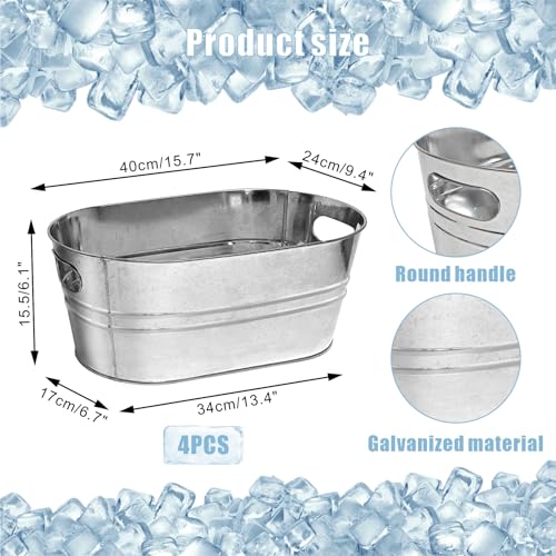 4 Pack Galvanized Tub Ice Bucket, 3 Gallon Large Metal Drink Buckets for Parties & Bars, Beer Beverage Tub with Carry Hand...