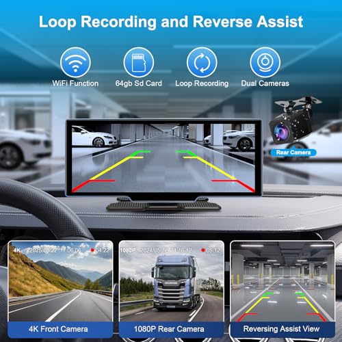 Wireless Carplay Screen for Car 1080p Backup Camera, 10.26" Portable Car Play & Android Auto Touch Screen with 4K Dash Ca...