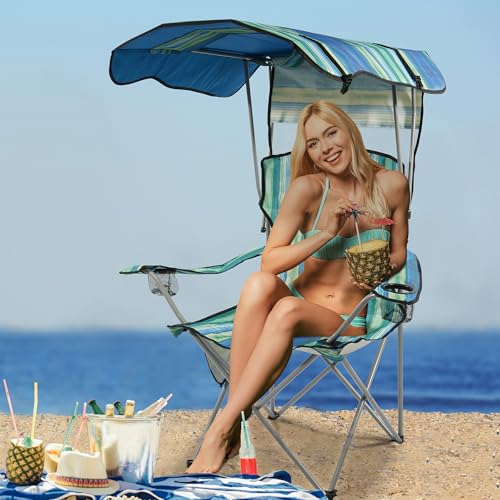 Elevon Camping Chair, Oversized Folding Chair with Canopy, Portable Outdoor Chair with Arms, Cup Holder and Carry Bag for ...
