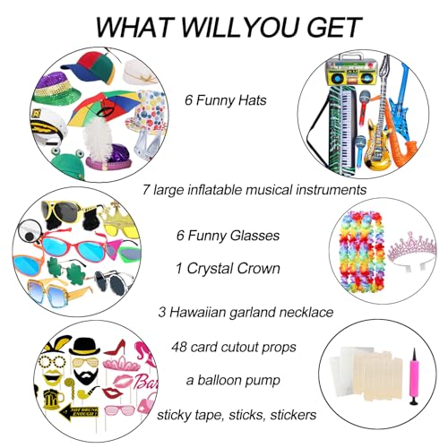 Bulk Large Premium Photo Booth Props Set for Adult Teens, Funny Hats and Large Glasses, Crystal Crown, Inflatable, Card Cu...