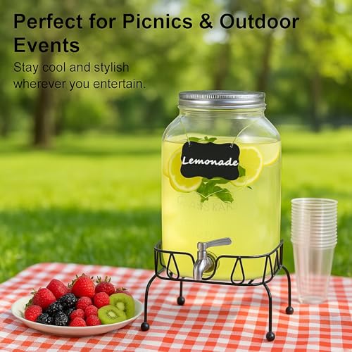 2 Gallon Glass Drink Dispenser with Stand, Ice Cylinder,Stainless Steel Leakproof Spigot and Lid,Glass Beverage Dispenser ...