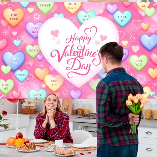 Mocsicka Valentines Day Backdrop Sweet Conversation Hearts Valentines Day Banner Party Decorations Photo Booth Props (Pin...