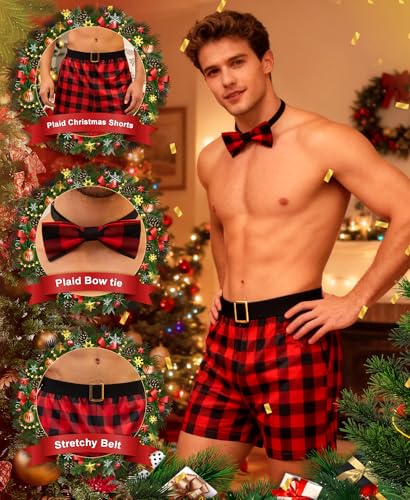 RSLOVE Santa Boxers for Men - 2PCS Christmas Shorts Plaid Outfits Holiday Briefs with Bow Tie