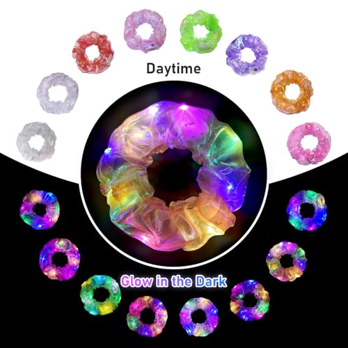 8 Pcs Light Up Mermaid Scrunchies, Glow Hair Scrunchy for Girl & Women, Multi Glow Modes, Glow in the Dark Accessories for...