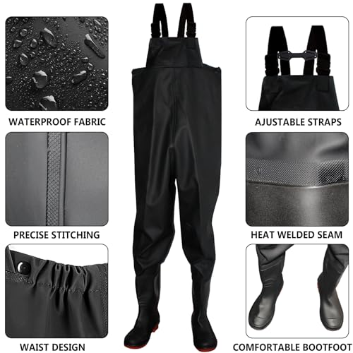 Aosethefrt Fishing Chest Waders and Waist Wader Pants for Men, Waterproof PVC Lightweight Bootfoot Black Insulated Wading