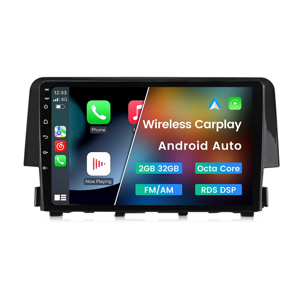 Biorunn Android 12 Car Stereo For Honda Civic 2016 2017 2018 2019 2020 2021, 9 Inch Car Radio Octa Core Wireless Wired Car-Play