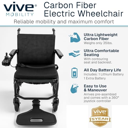 Vive Lightweight Electric Wheelchair for Adults - Foldable Power Wheel Chair - Collapsible, Folding, Ultralight, Motorize...