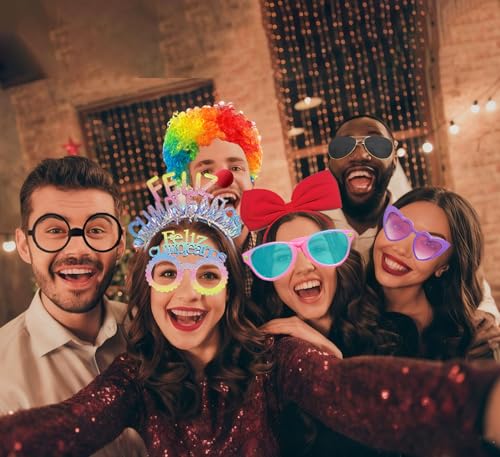 80pcs Large Gorgeous Photo Booth Props Set Birthday Party Accessories Kit Includes Clown Wig Foil Tinsel Wig Rock Headband...