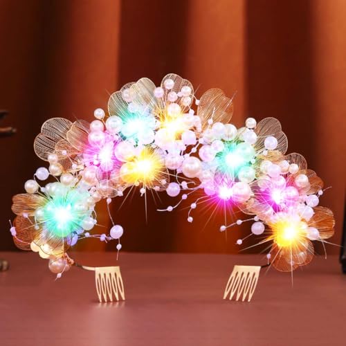 Kilshye Light Up Pearl Wedding Crowns and Tiaras Gold Flower Bridal Headband Prom Headpiece for Women