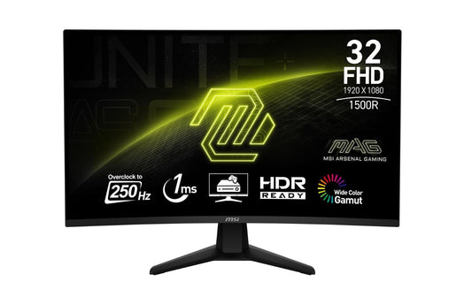 msi MAG 32C6X 31.5-inch 1920 x 1080 (FHD) Computer Monitor, 250Hz, Adaptive Sync, HDR Ready, HDMI, VGA Port, Display Port, VESA Mountable, Tilt, Speaker, 1ms, Black