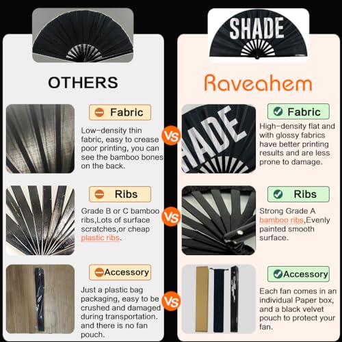 Raveahem UV Glow Rave Fan, Bamboo Folding Clack Hand Fans Foldable for Men Women, Boots on the Ground Poping Fan for EDM F...