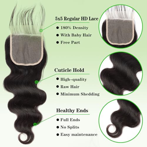 Body Wave Bundles with 5x5 Closure Human Hair (14 16 18+12) 100% Unprocessed Brazilian Virgin 10A Body Wave Human Hair Weave Bundles with 5x5 Closure Natural Color