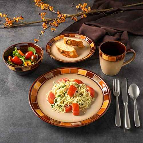 Gibson Casa Estebana 16-Piece Dinnerware Set, Service for 4 ? Beige and Brown Stoneware Plates and Bowls