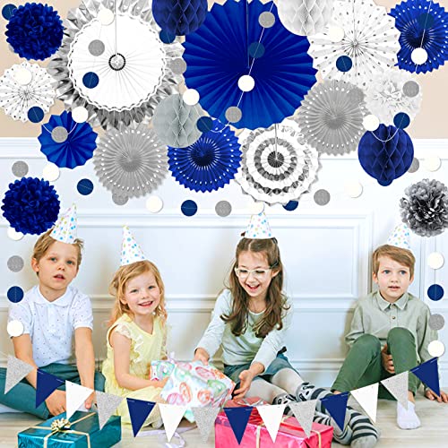 Blue and Sliver Party Decorations, 23Pcs Blue Birthday Decorations with Hanging Paper Fans, Pom Poms Flowers Packs for Gra...